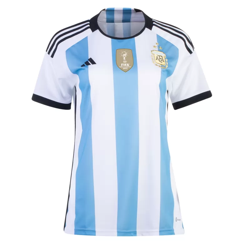 Tres Estrellas Camiseta MESSI #10 Argentina 2022 Primera Equipación Copa del Mundo Local Mujer - Versión Hincha - camisetasfutbol