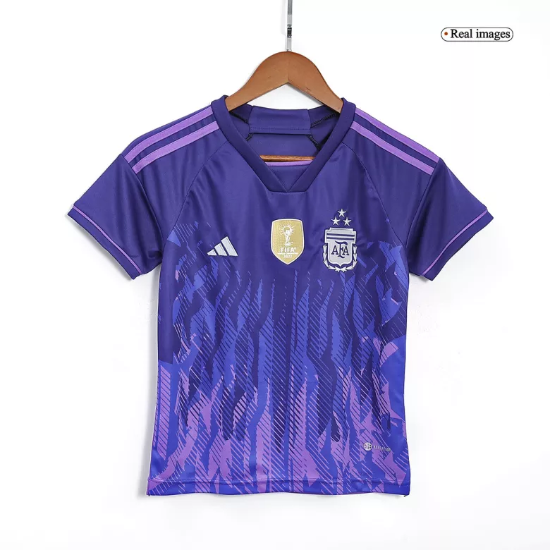 Tres Estrellas Miniconjunto Argentina 2022 Segunda Equipación Visitante Copa del Mundo Niño (Camiseta + Pantalón Corto) - camisetasfutbol