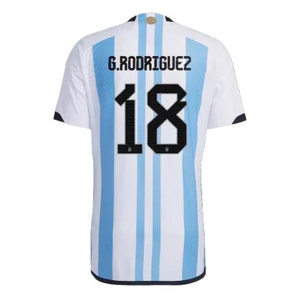 Tres Estrellas Camiseta Auténtica G. RODRIGUEZ #18 Argentina 2022 Primera Equipación Copa del Mundo Local Hombre - Versión Jugador - camisetasfutbol