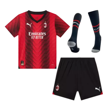 Miniconjunto Completo AC Milan 2023/24 Primera Equipación Local Niño (Camiseta + Pantalón Corto + Calcetines) - camisetasfutbol